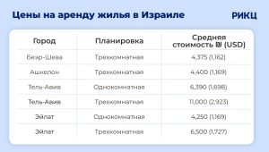 цены на аренду различных видов жилья в разных городах Израиля